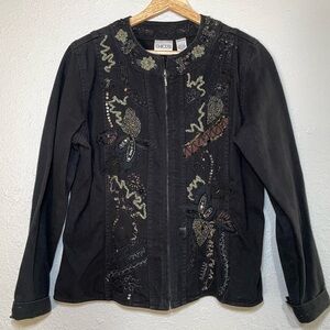 Women’s Black Jacket Beaded Embroidered Vintage Y2K Chicos Size 1